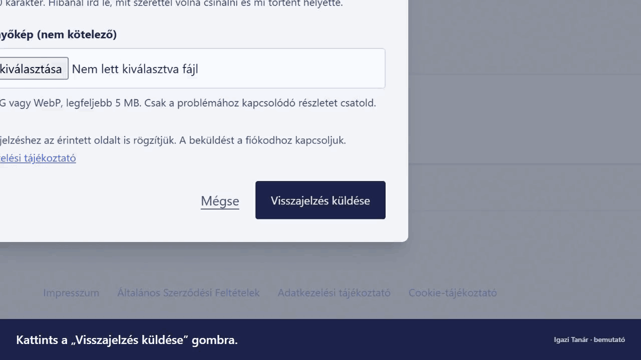 A Visszajelzés küldése gomb megnyomása, majd a sikeres beküldés visszaigazolása.